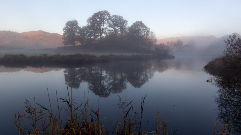 Elterwater Lake misty morning view