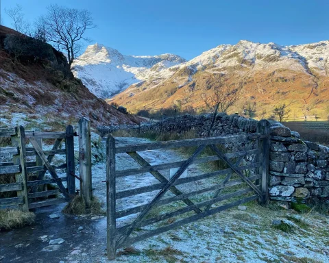 Gate on ice-covered path in Great Langdale Valley