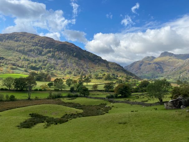 Langdale Valley with blue sky and cloud on a sunny day