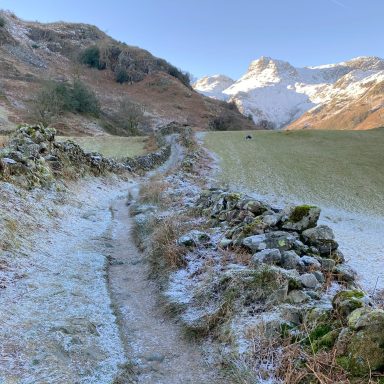 Icy Path and view leading up to Langdale Pikes