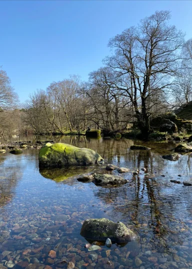 River Brathay in Chapel Stile on blue sky Spring day