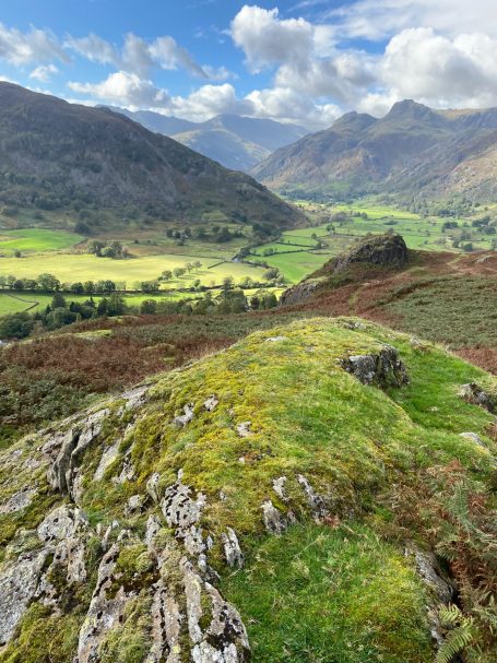 View down Langdale Valley to Langdale Pikes