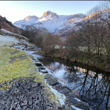 Great Langdale Beck with Langdale Pikes in snow